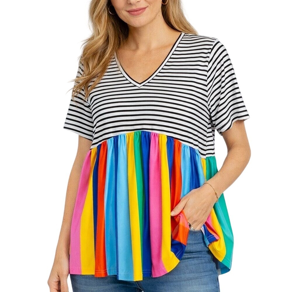 Andree Babydoll Peplum Top Womens Large Multi Color Rainbow Striped V-Neck